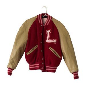 Vintage Delong Varsity Jacket Red Wool Body Leather Sleeve Collared Snap Button